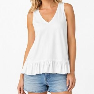 Peruvian Connection Java Tank Top Women XS White Pima Cotton Ruffle Hem Oversize